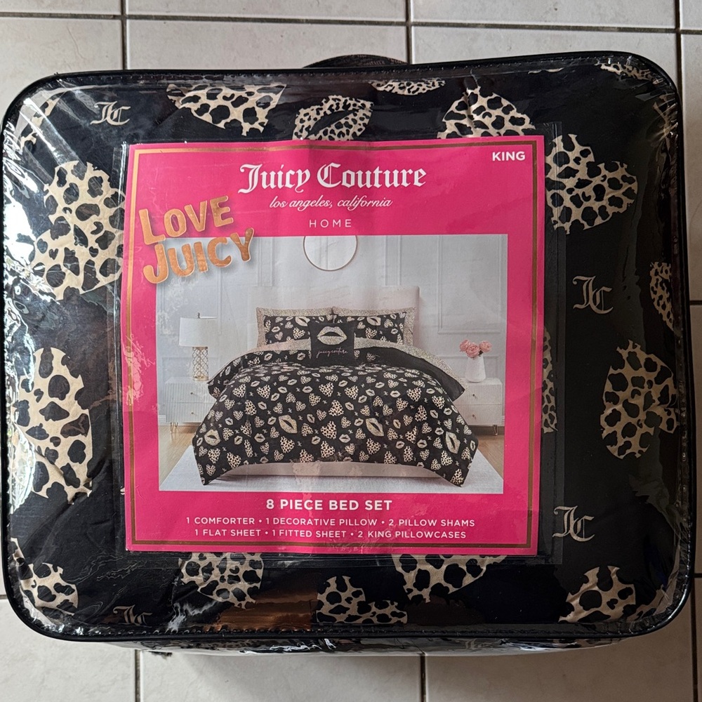 Juicy Couture King 8 Piece Bed Set Black With Leopard Print Hearts & Lips